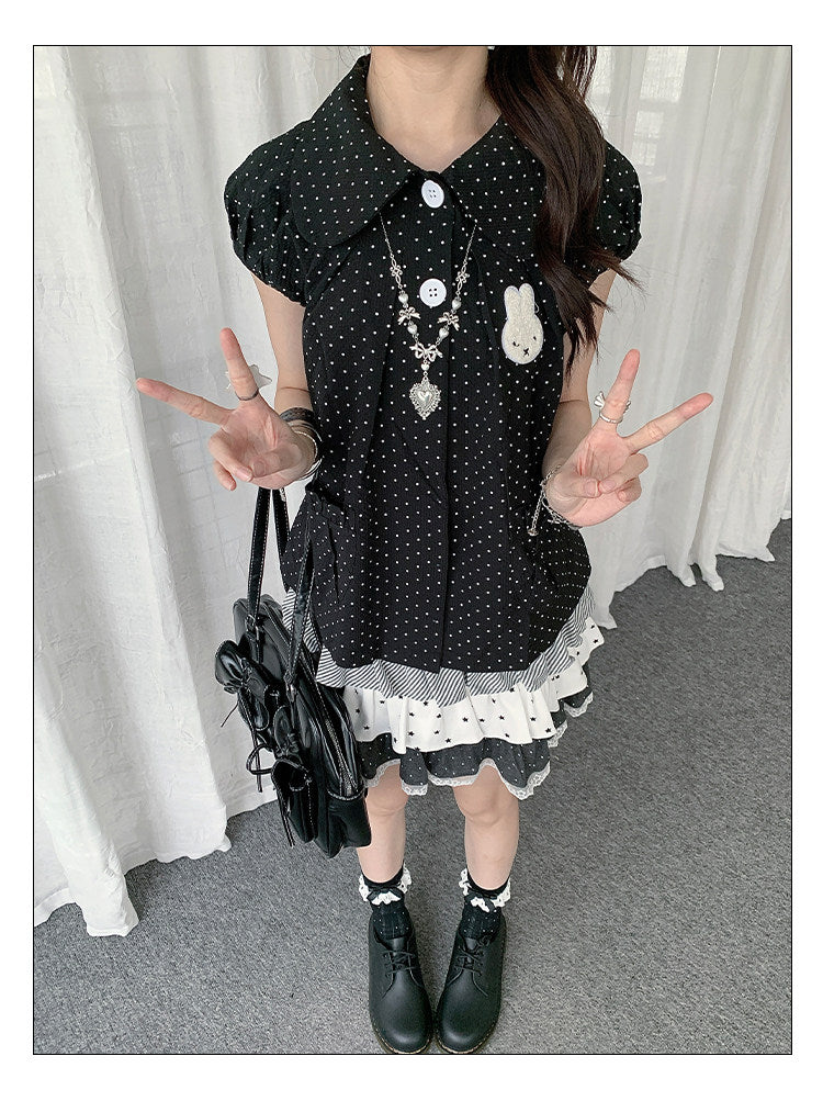 Polka Dot Bunny Patch Puff-Sleeve Shirt