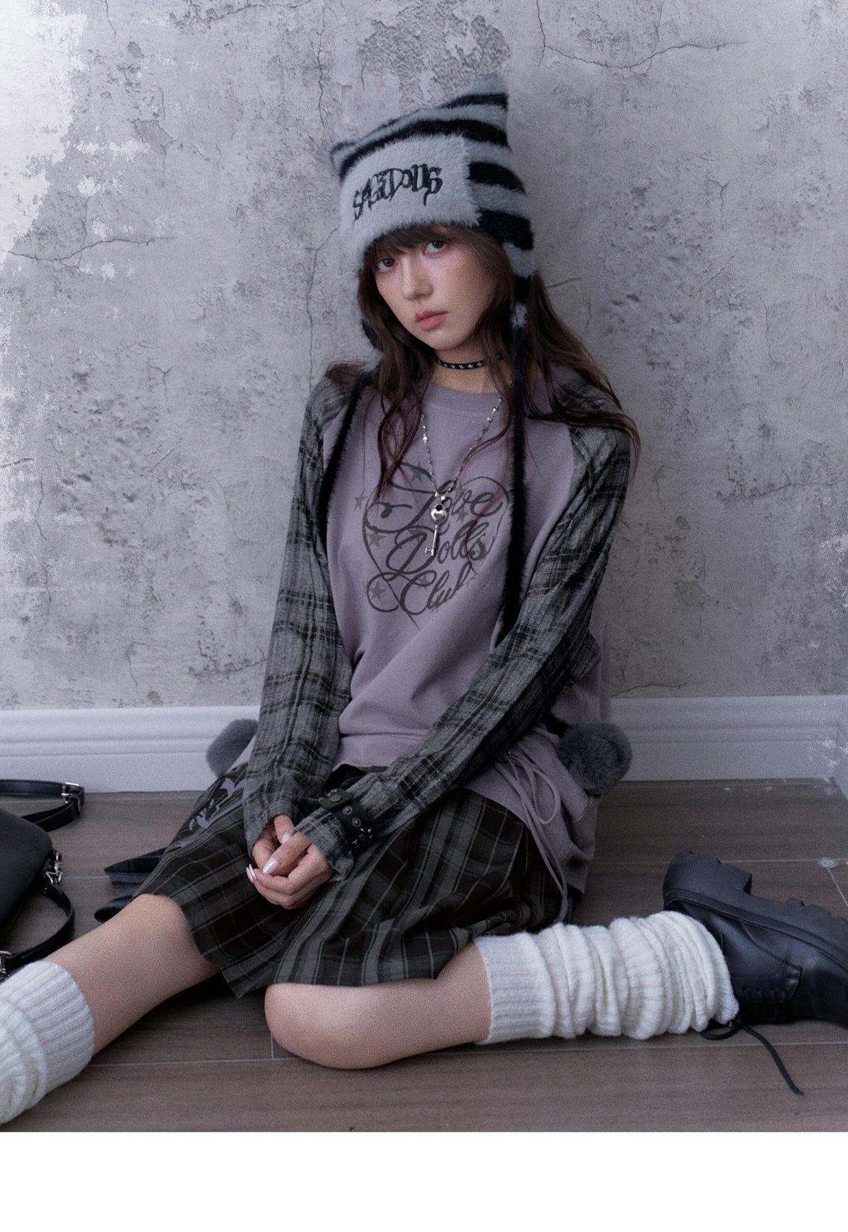 Double-Waist Graphic Plaid Pleated Midi Skirt