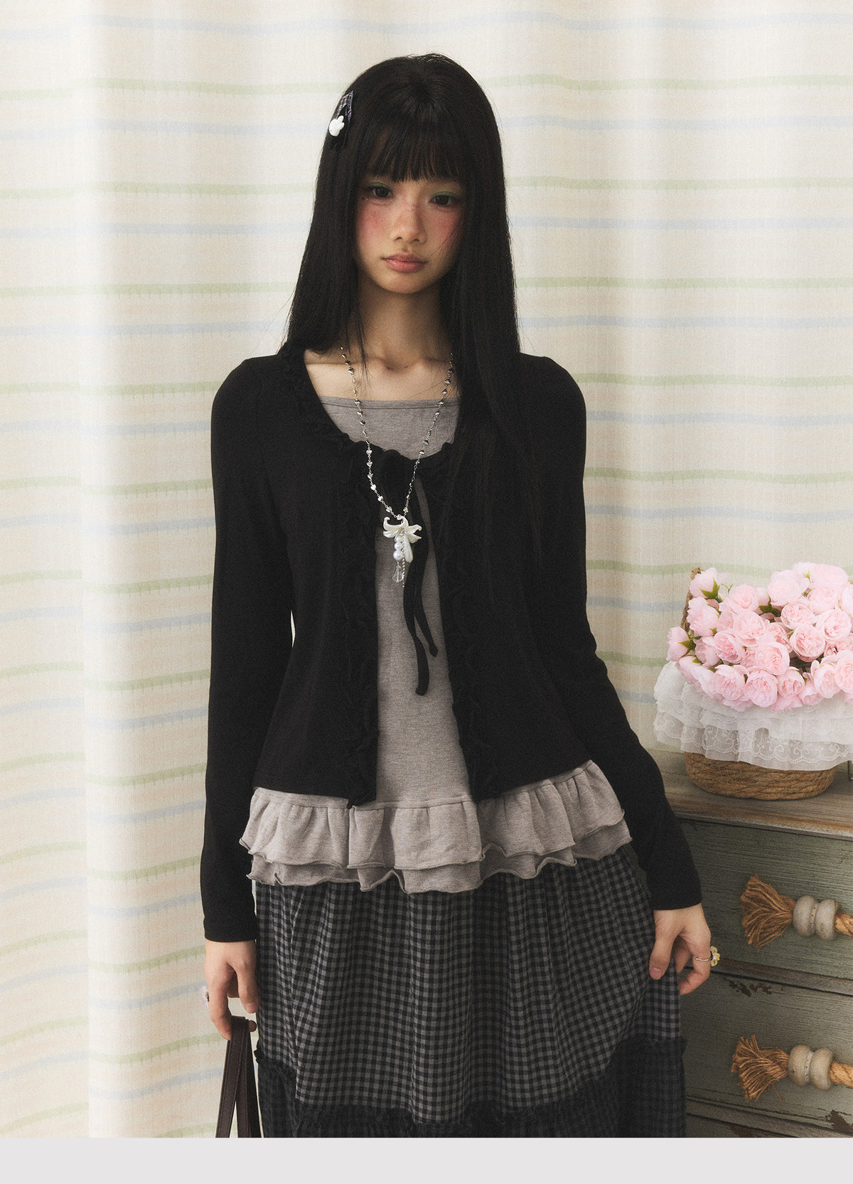 Ruffle Hem Tie-Front Faux-Layered Long Sleeve Top