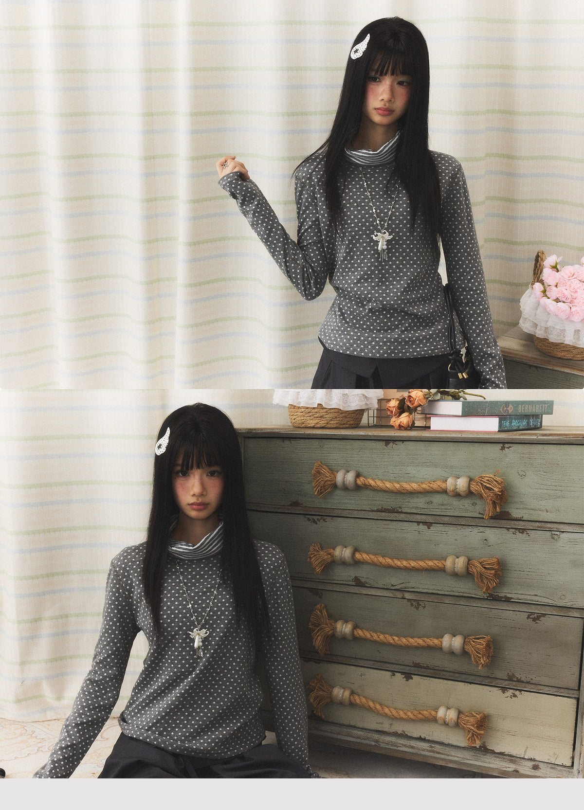 Polka Dot Contrast Turtleneck Long Sleeve Top
