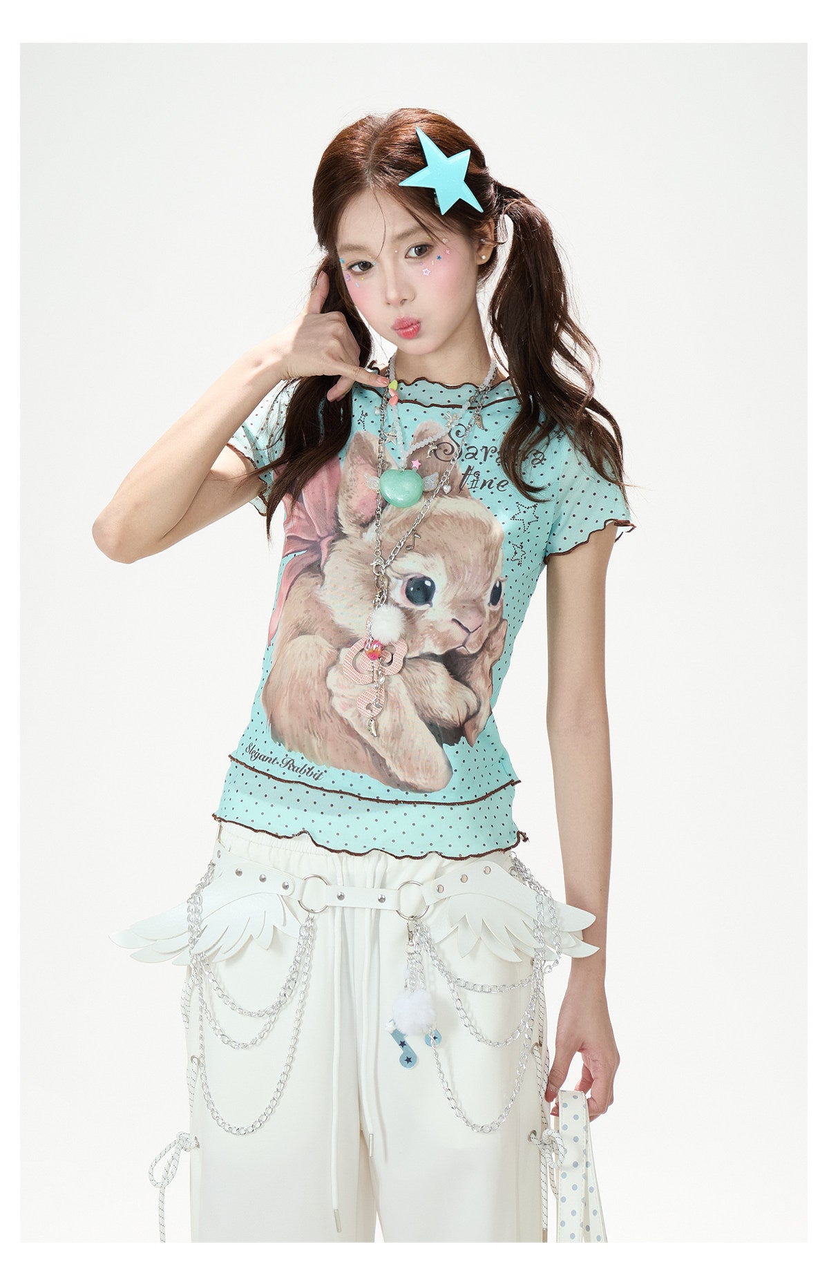 Ribbon Bunny Polka Dot Lettuce-Edge Tee