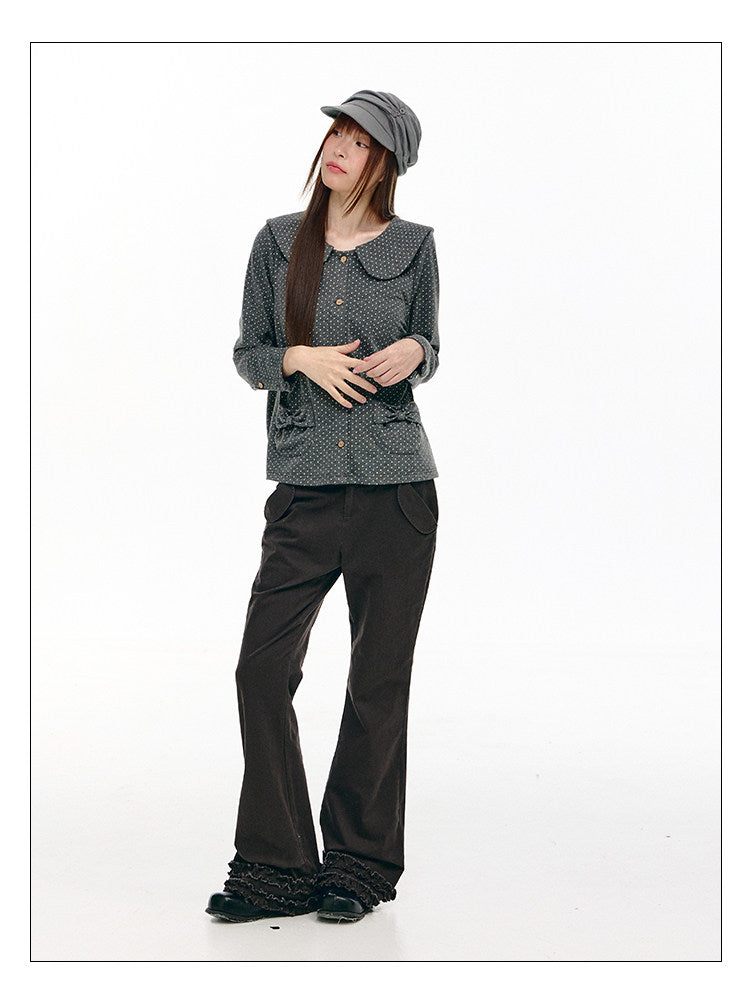 Charcoal Polka Dot Peter Pan Collar Button Shirt