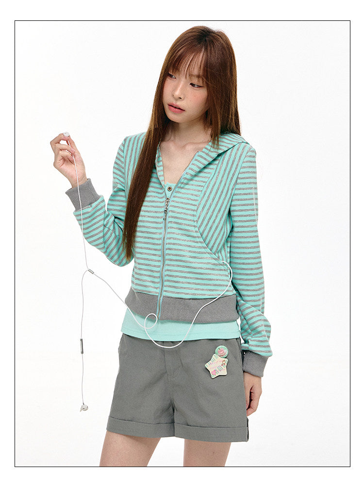 Mint Stripe Devil-Horn Zip-Up Hoodie