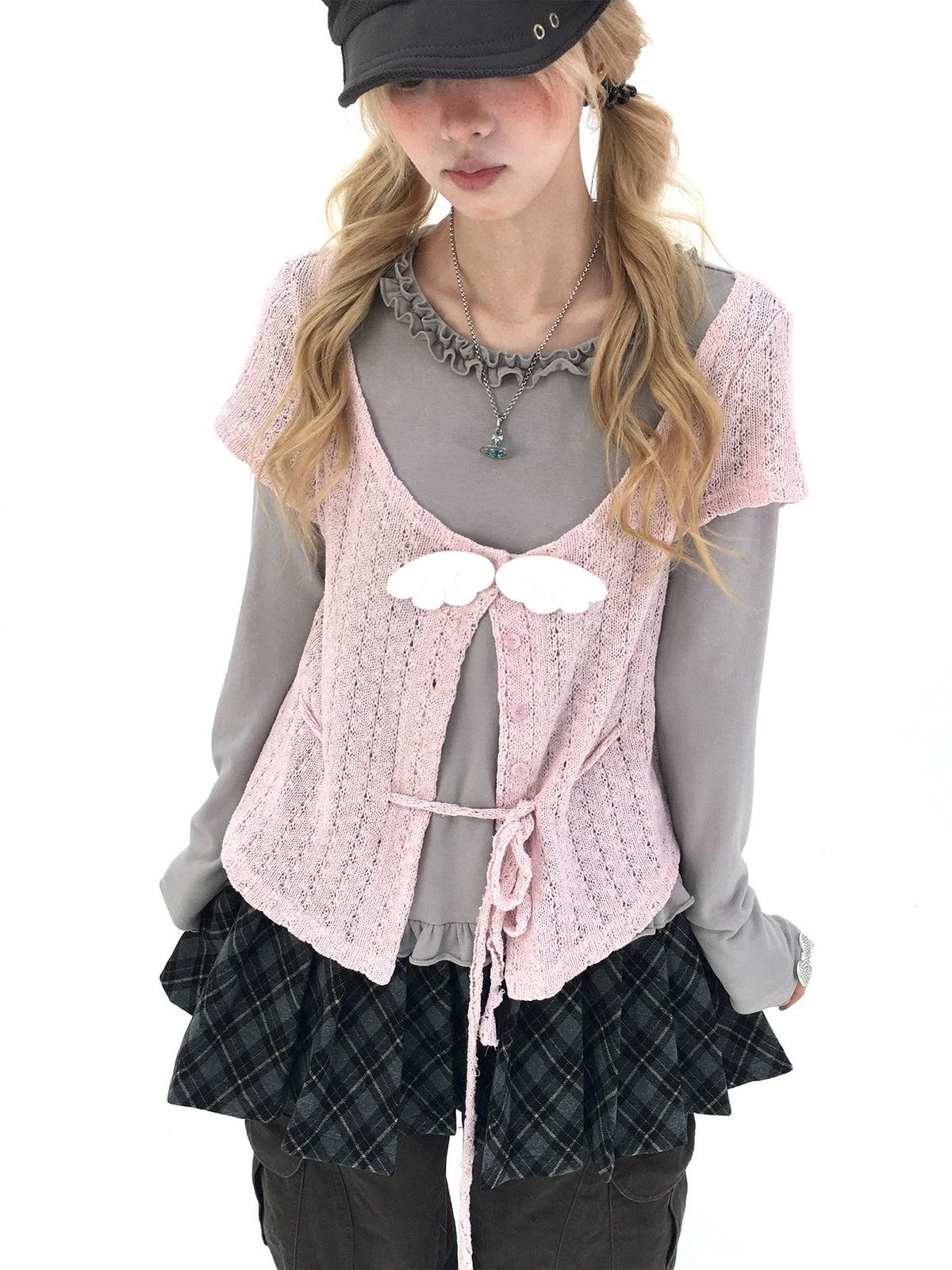 Blush Angel Wing Faux-Layer Knit Long Sleeve Top