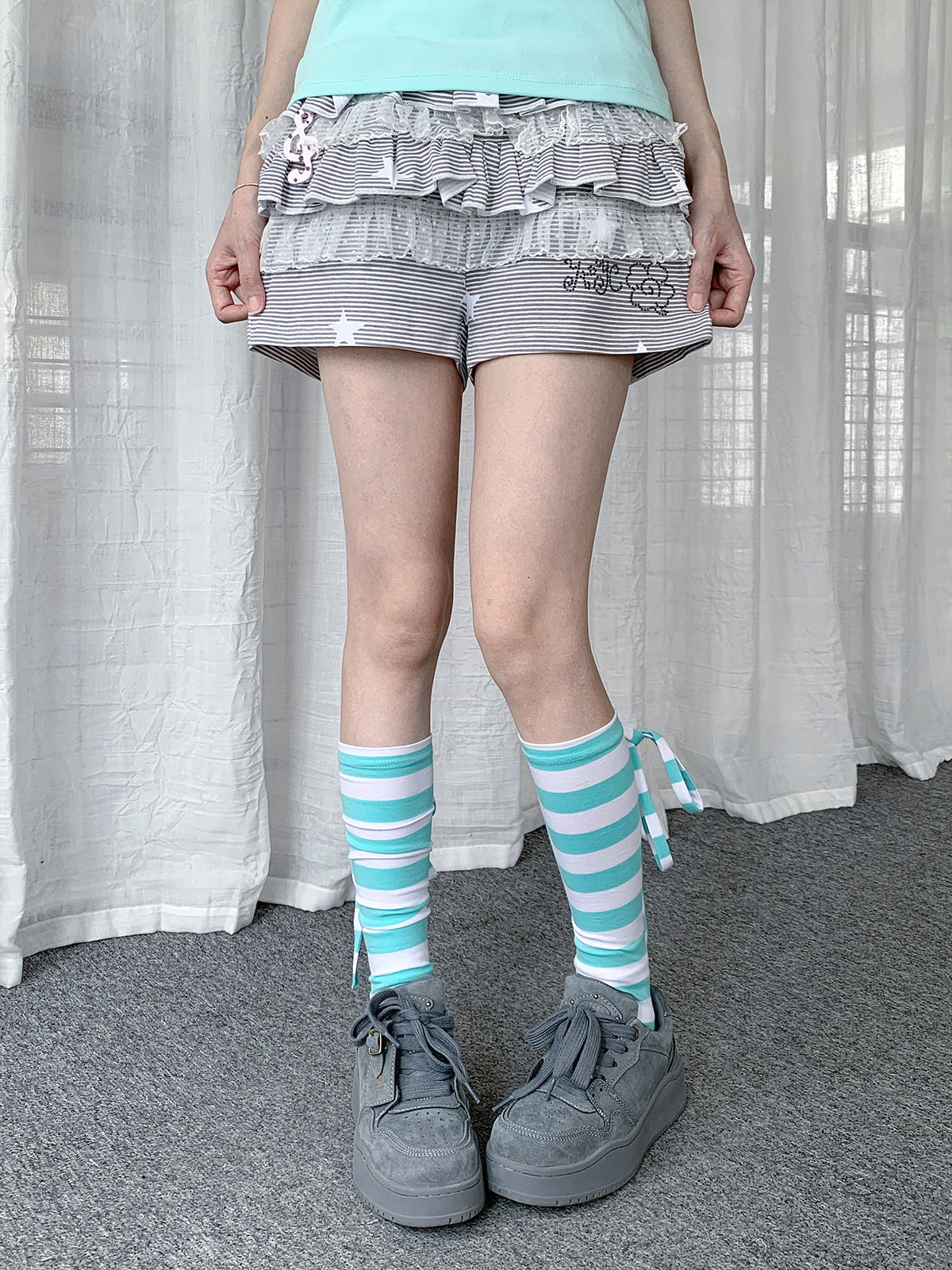 Mint Stripe Tie Leg Warmers