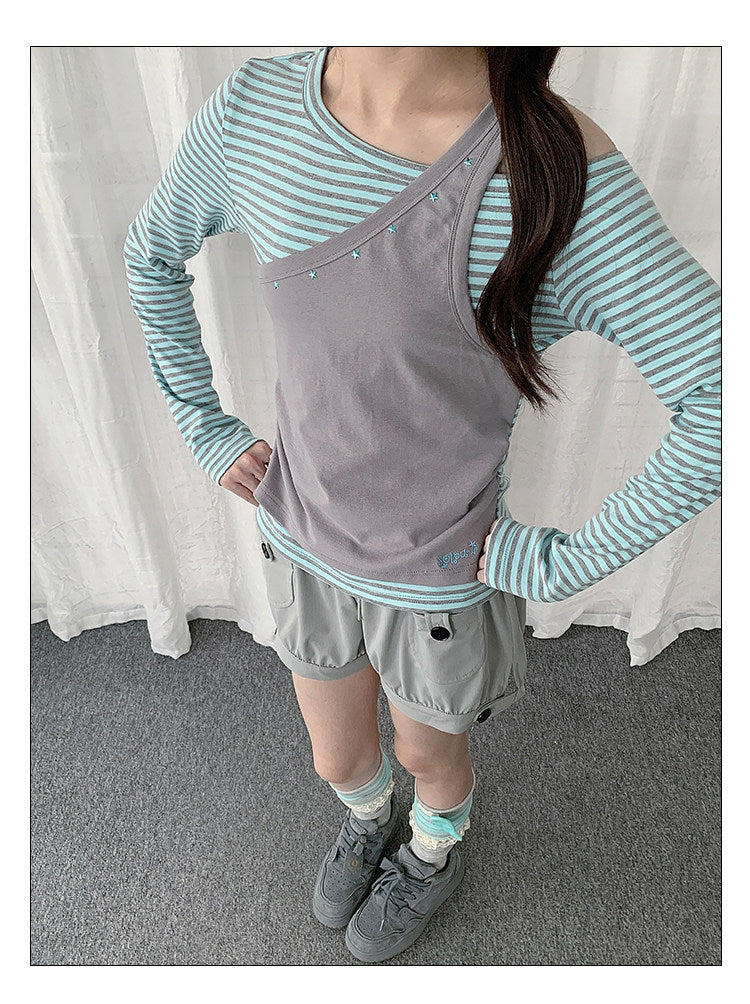 Gray Mint Stripe Asymmetric Faux-Layer Long Sleeve Top