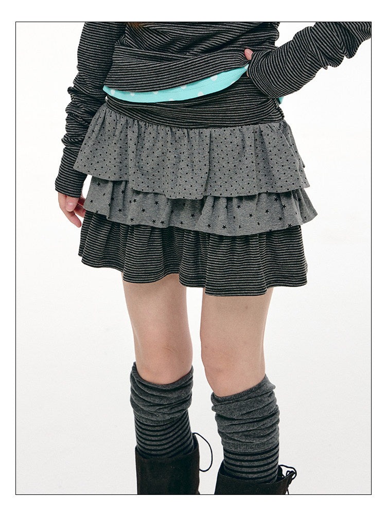 Charcoal Dot & Star Tiered Ruffle Mini Skirt