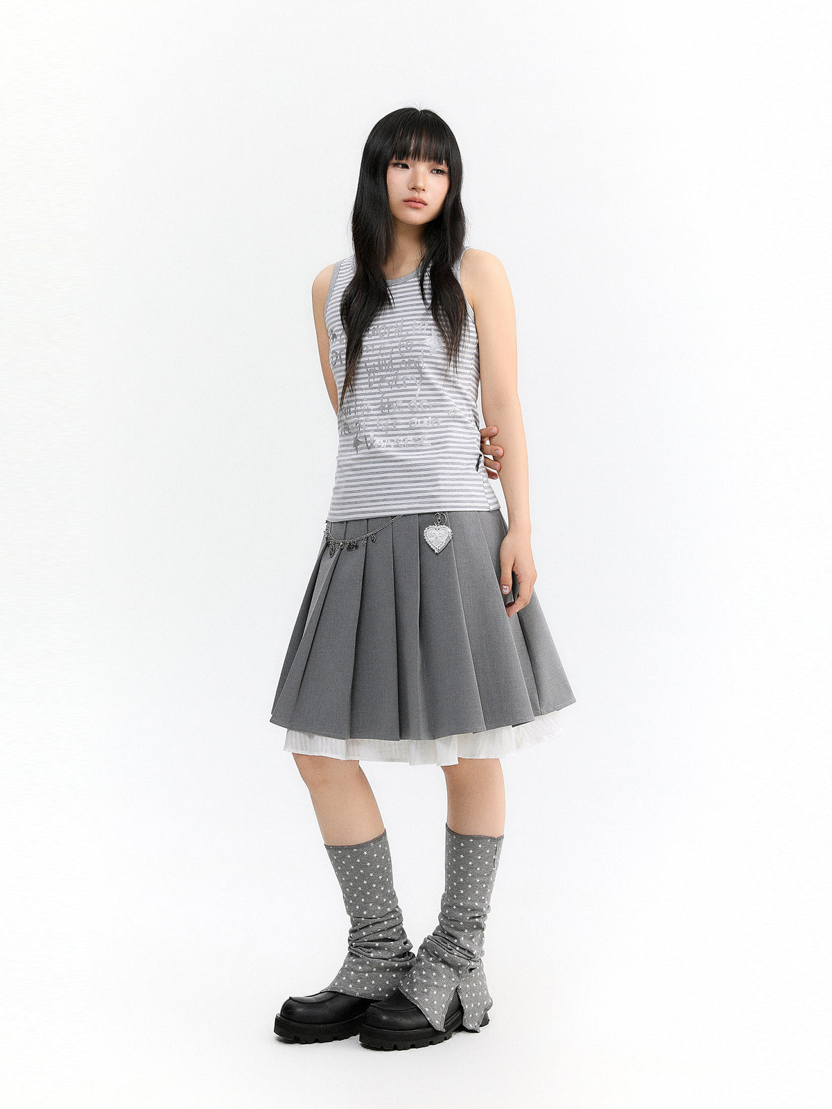 Layered Pleated Suit Midi Skirt