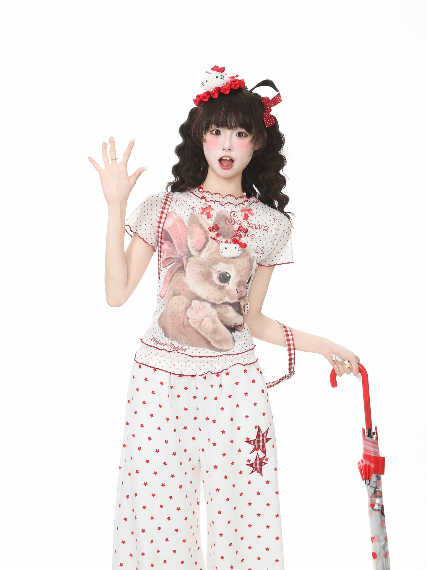 Ribbon Bunny Polka Dot Lettuce-Edge Tee