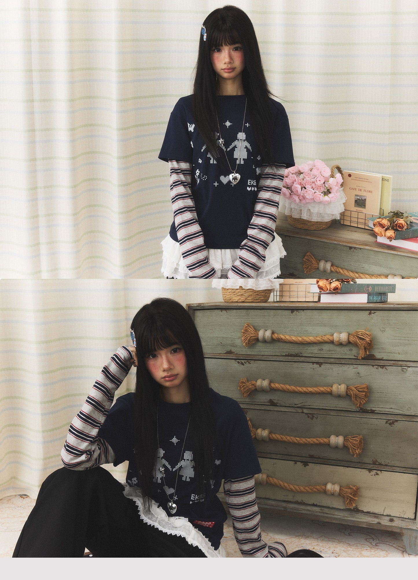 Navy Pixel Girl Stripe Faux-Layer Long-Sleeve Tee
