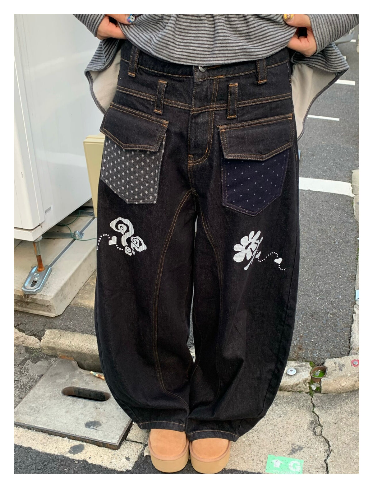 Floral Polka Dot Pocket Wide-Leg Jeans