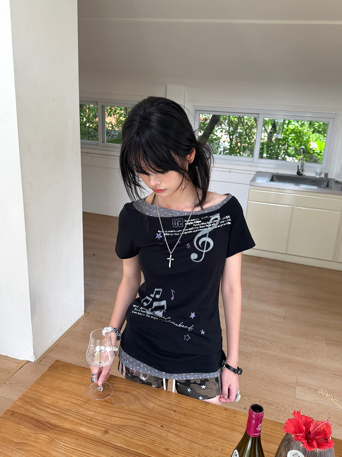 Asymmetric Music Note Faux-Layer Fitted Tee
