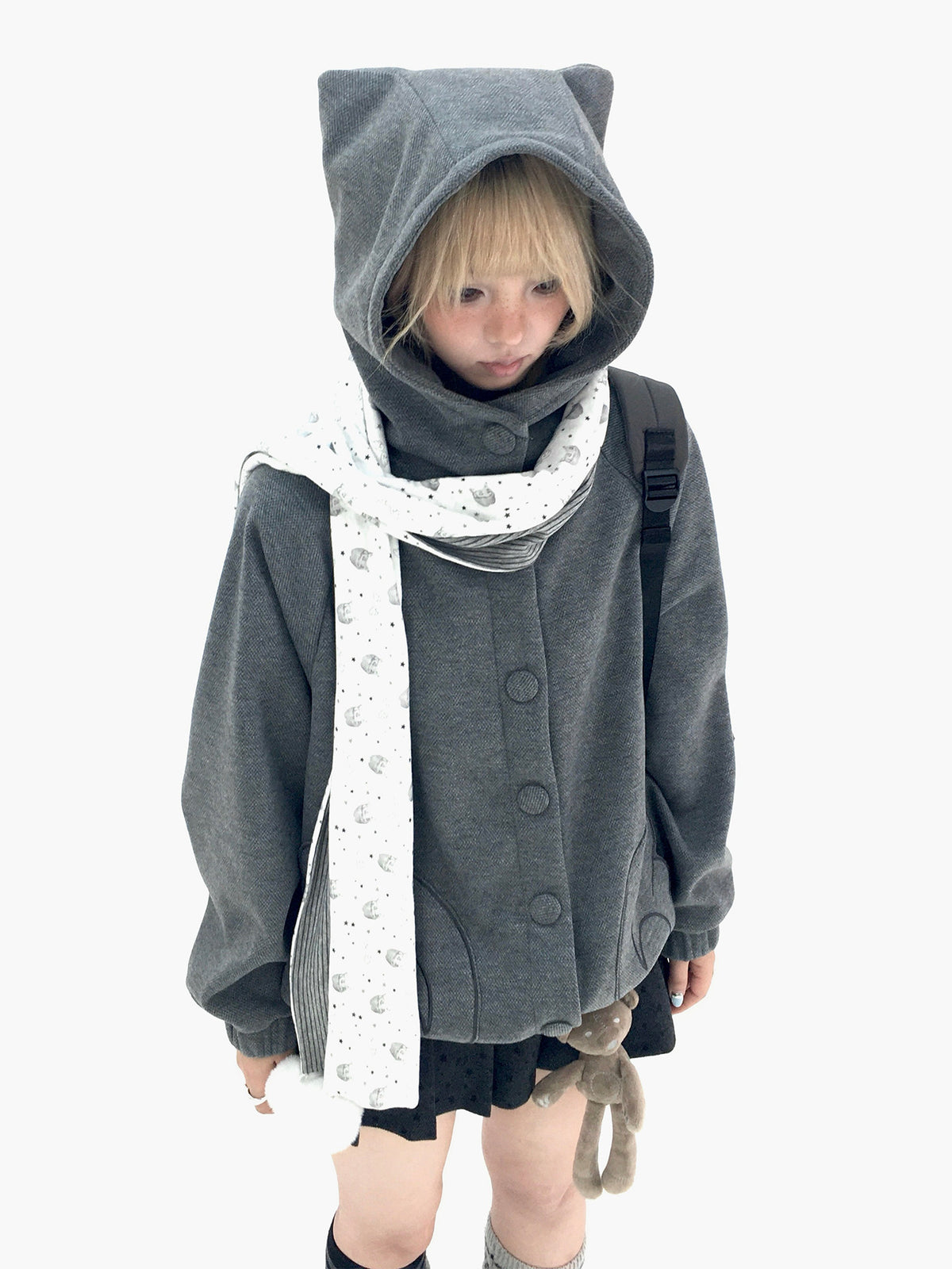 Cloud Gray Cat Ear Wing Pocket Hooded Jacket