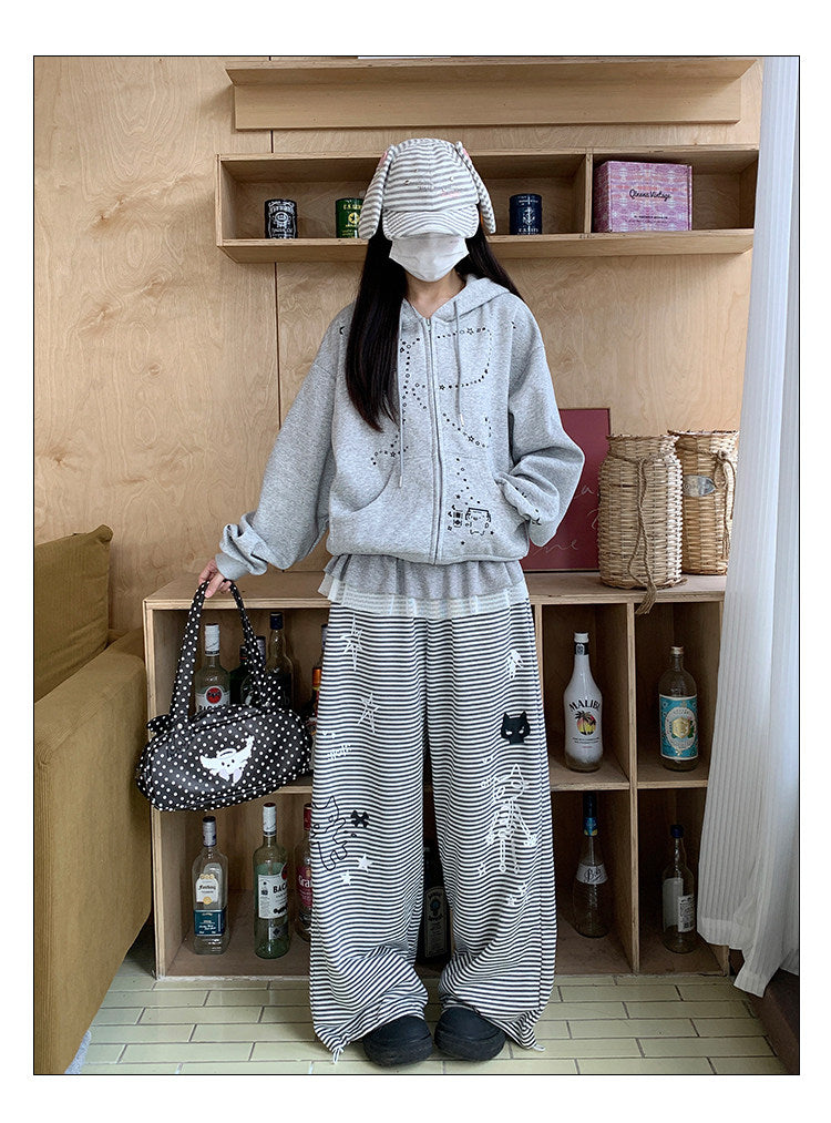 Cartoon Cat Stripe Drawstring Wide-Leg Sweatpants