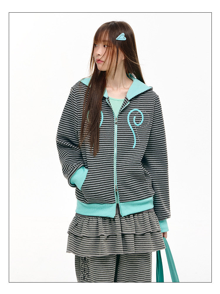 Mint Contrast Stripe Double-Zip Hoodie