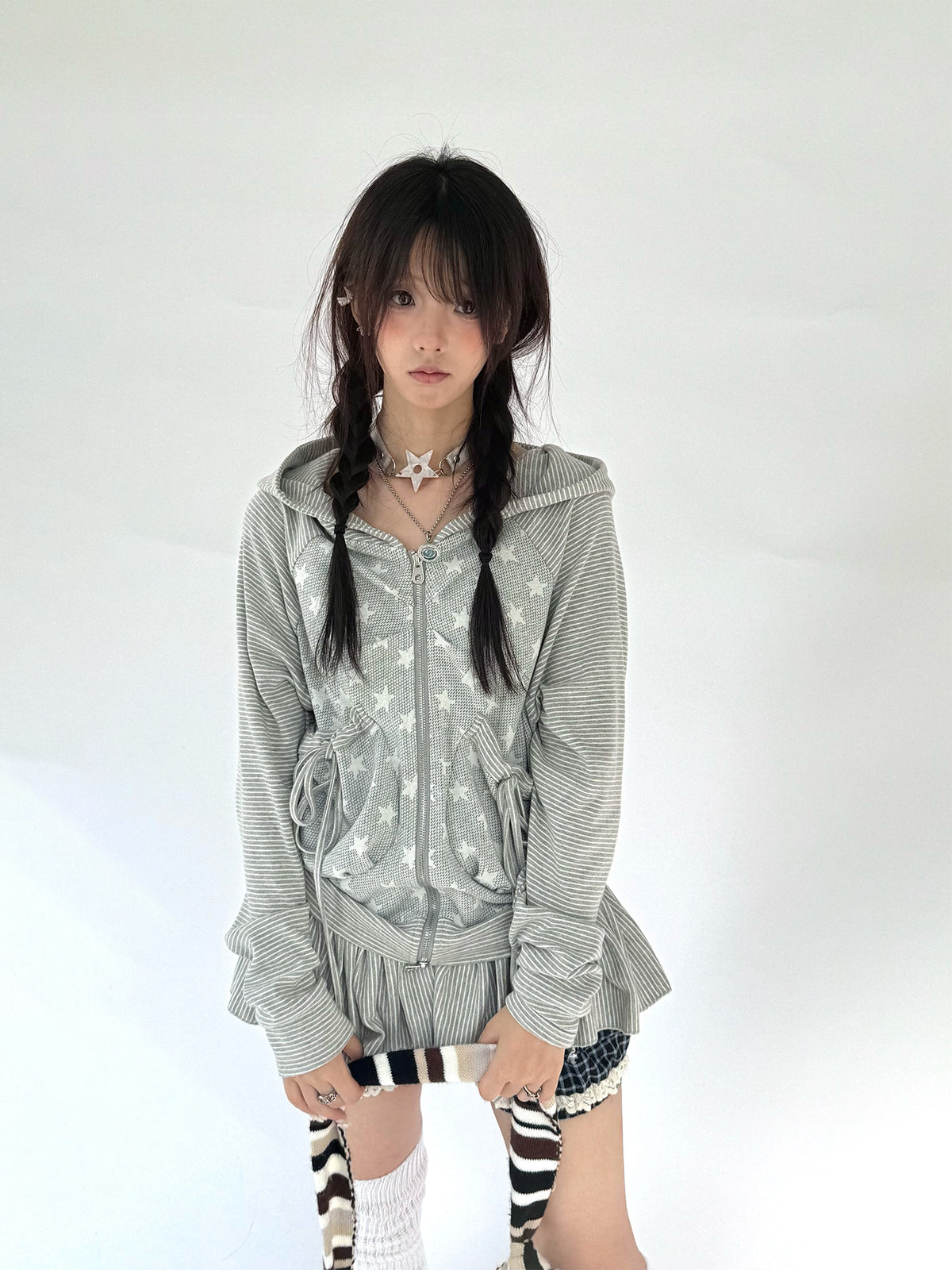 Star Ruffle Drawstring Zip-Up Hoodie