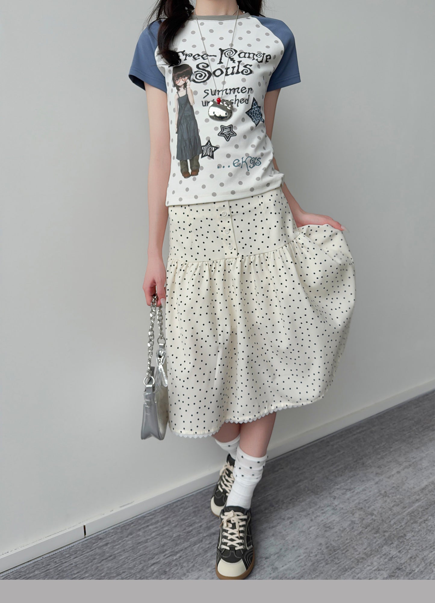 Polka Dot Button Tiered Midi Skirt