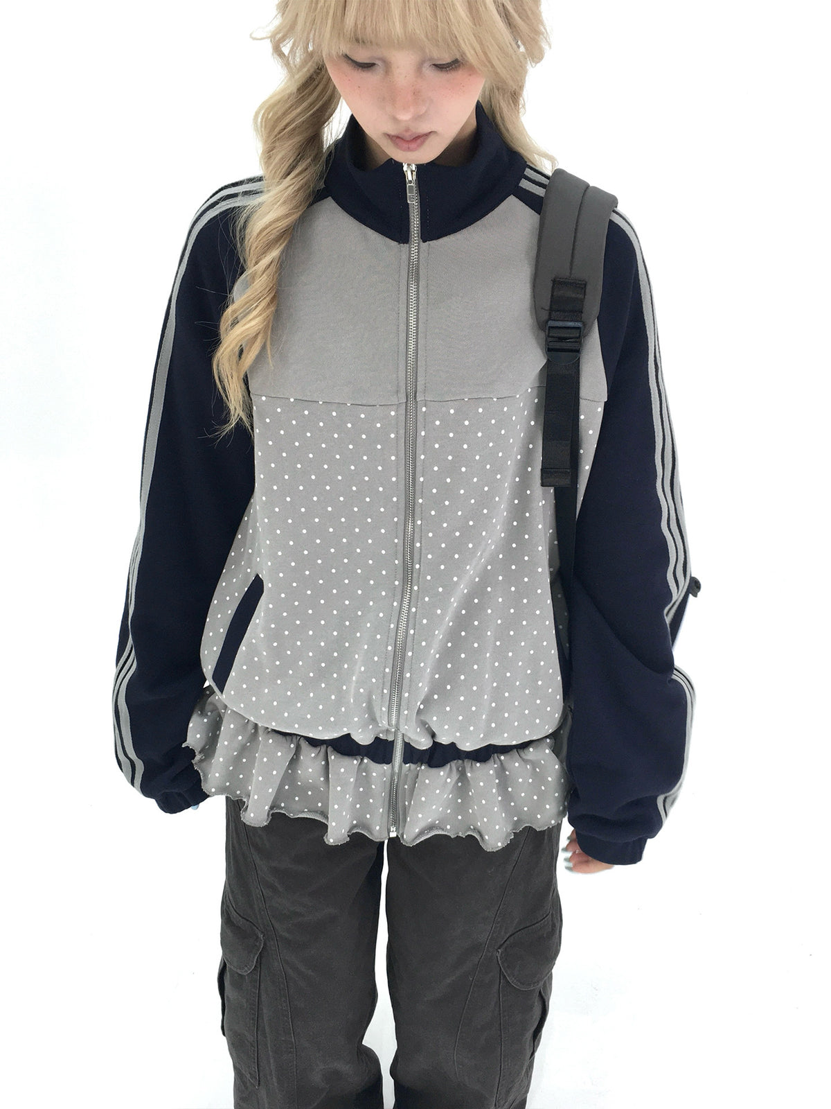 Gray Polka Dot Triple-Stripe Ruffle Zip Jacket