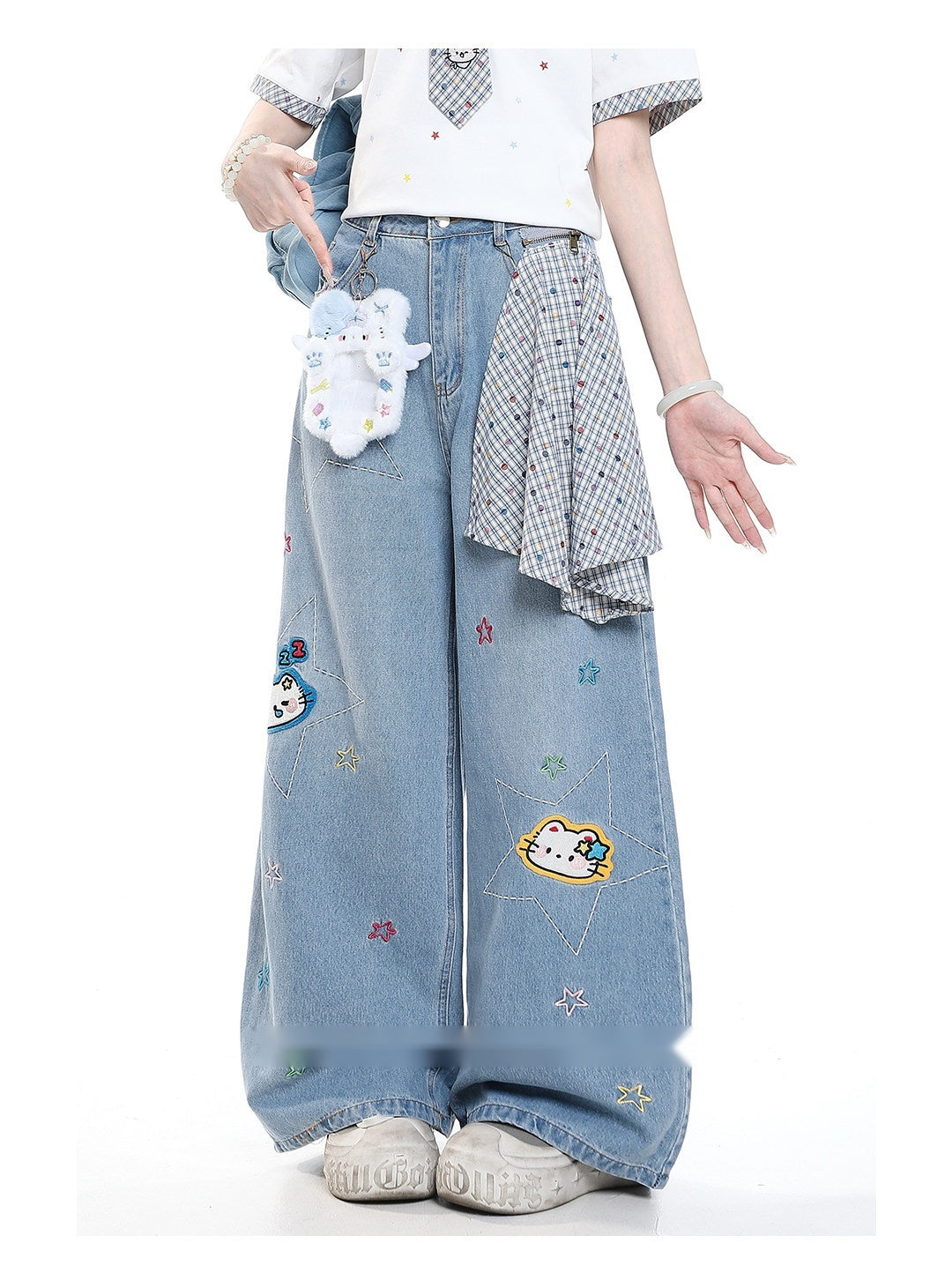 Star Kitty Embroidered Wide-Leg Jeans with Plush Charm