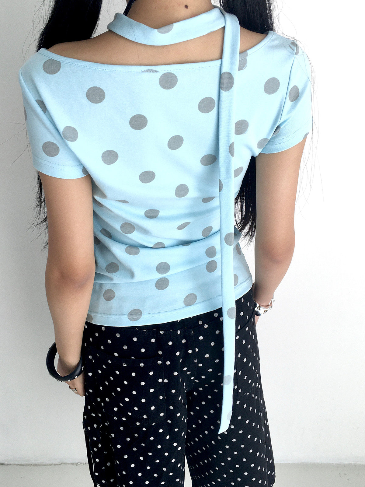 Polka Dot Scarf Short Sleeve Top