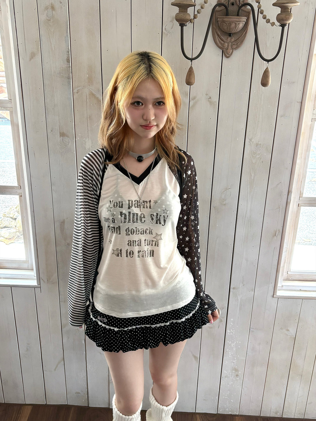 Star Mesh Stripe Contrast Lyocell Long Sleeve Top