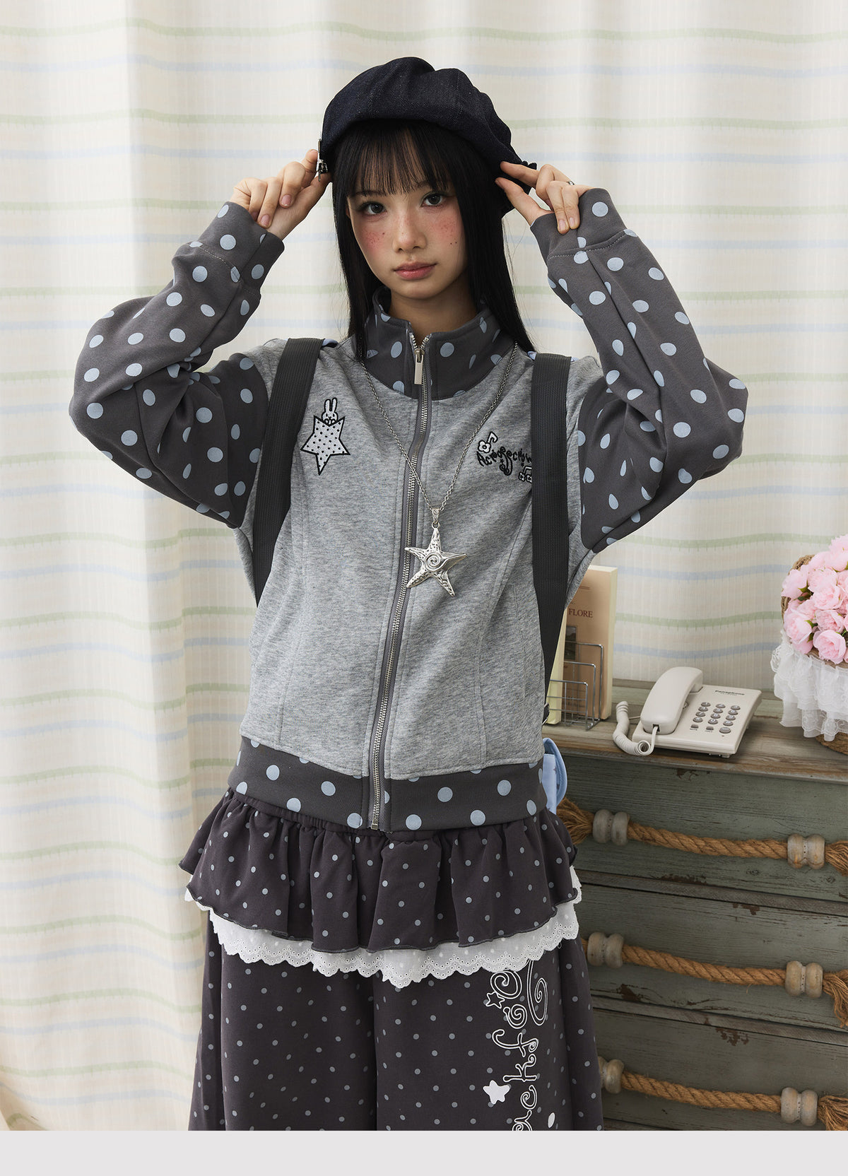 Polka Dot Contrast Embroidered Zip-Up Jacket
