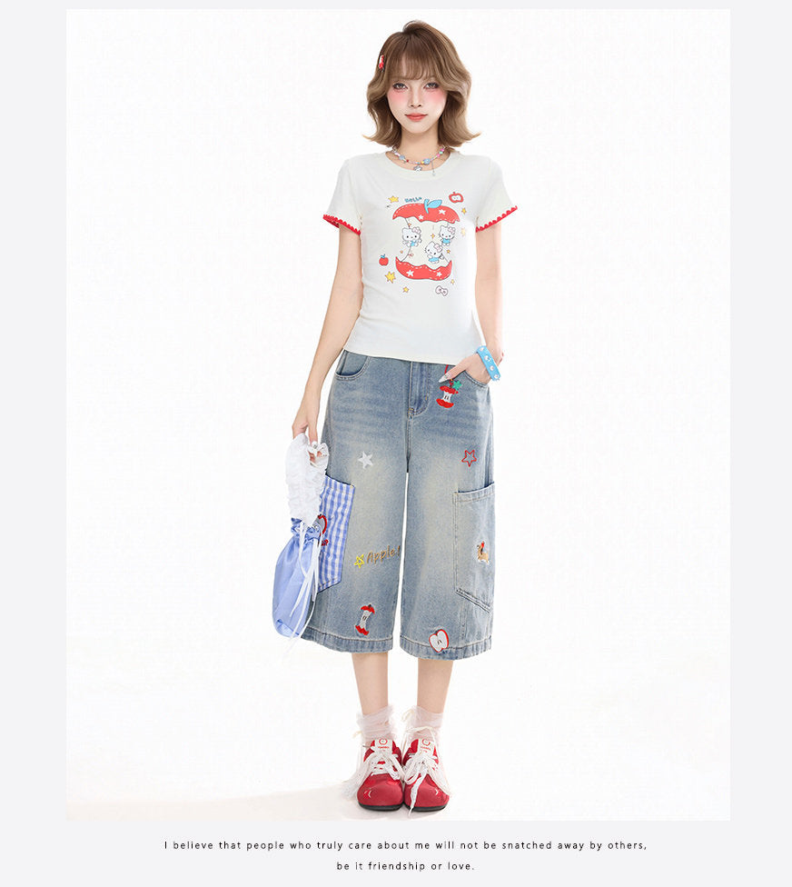 Apple Plaid Cropped Wide-Leg Jeans