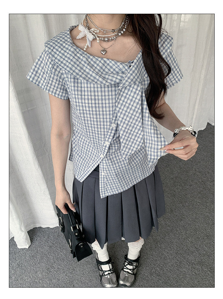 Blue Plaid Asymmetrical Collar Shirt