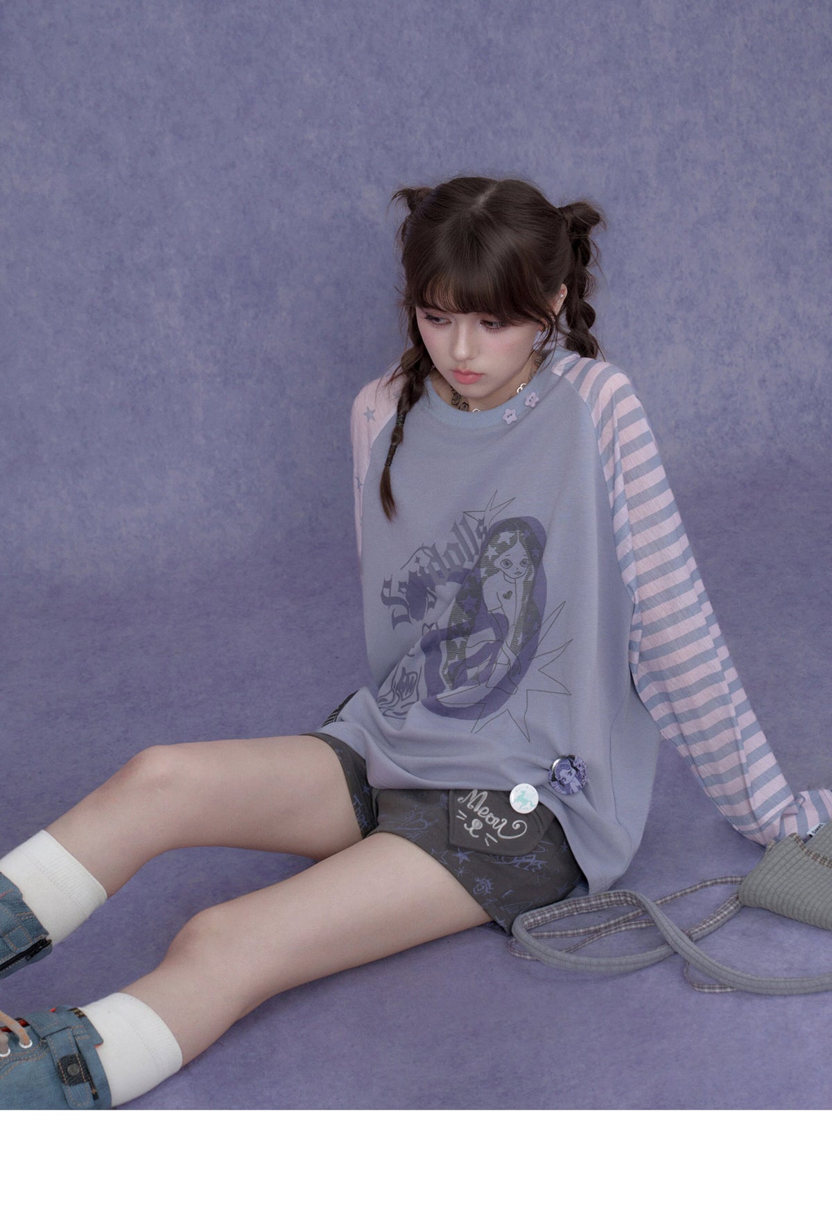 Lavender Star Stripe Raglan Graphic Long-Sleeve Tee