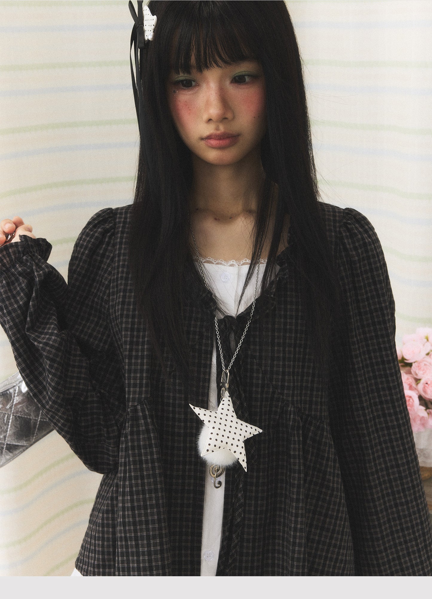 Charcoal Plaid Faux-Layer Ruffle Tie-Front Blouse