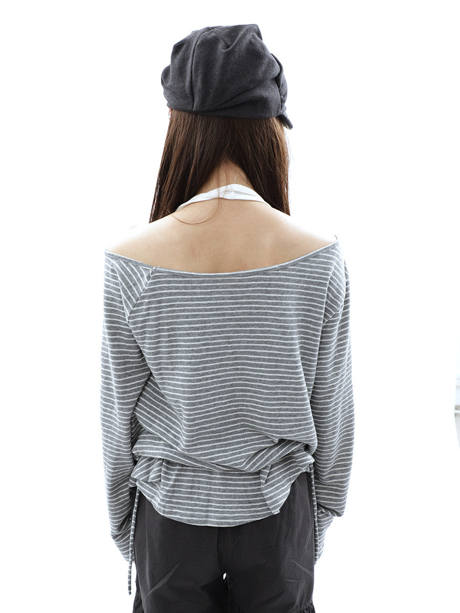 Striped Off-Shoulder Ruffle Layered Long Sleeve Top