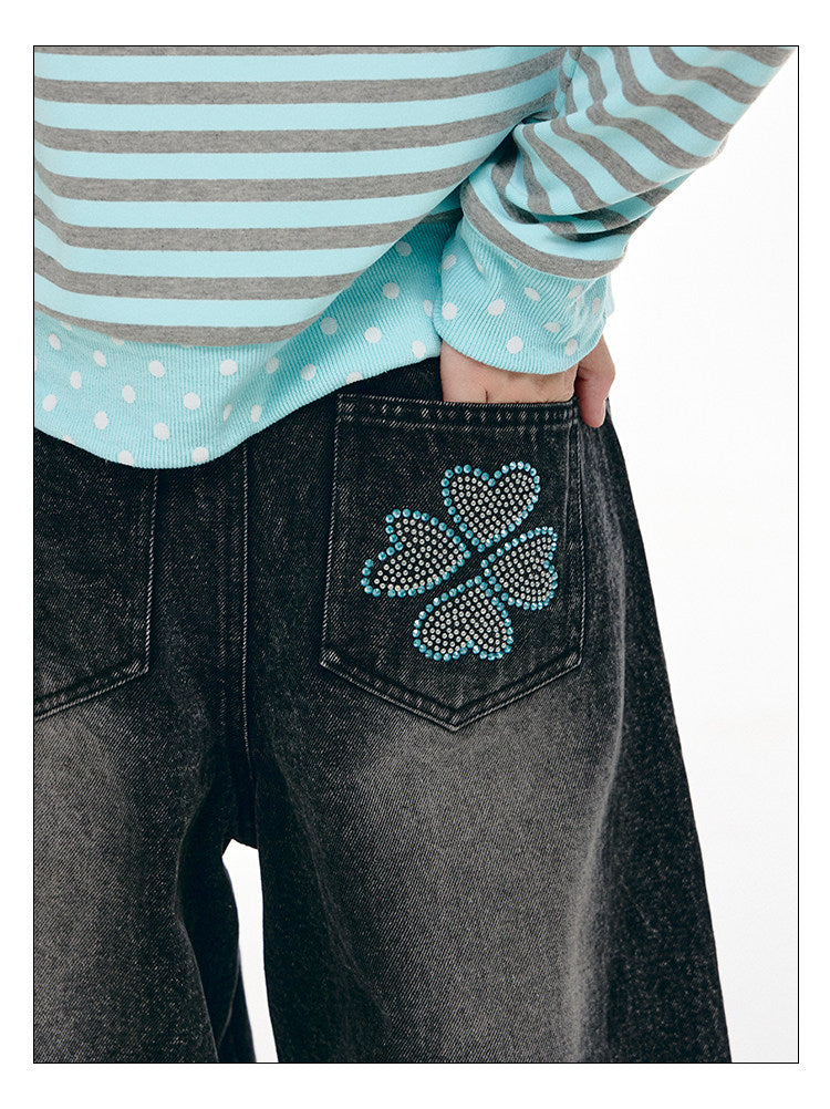 Washed Black Cartoon Music Note Barrel-Leg Jeans