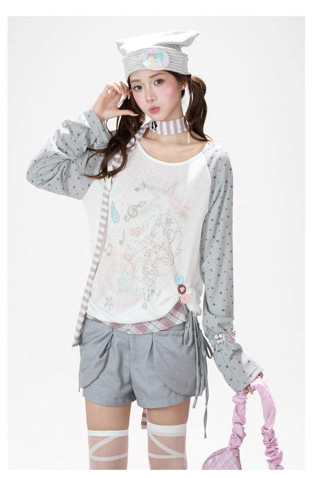 Dreamy Star Raglan Long Sleeve Top & Gray Striped Star Flare Pants