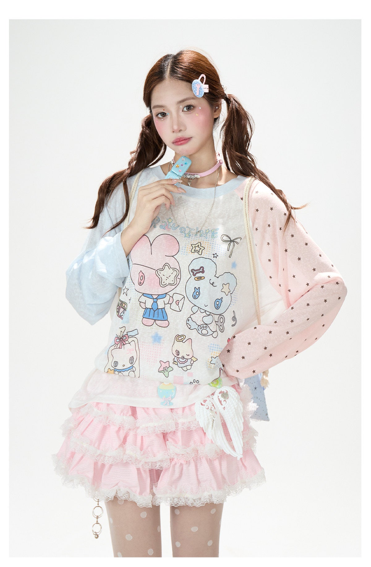 Cartoon Star Sheer Long Sleeve Top & Black Music Lace Gingham Mini Skirt