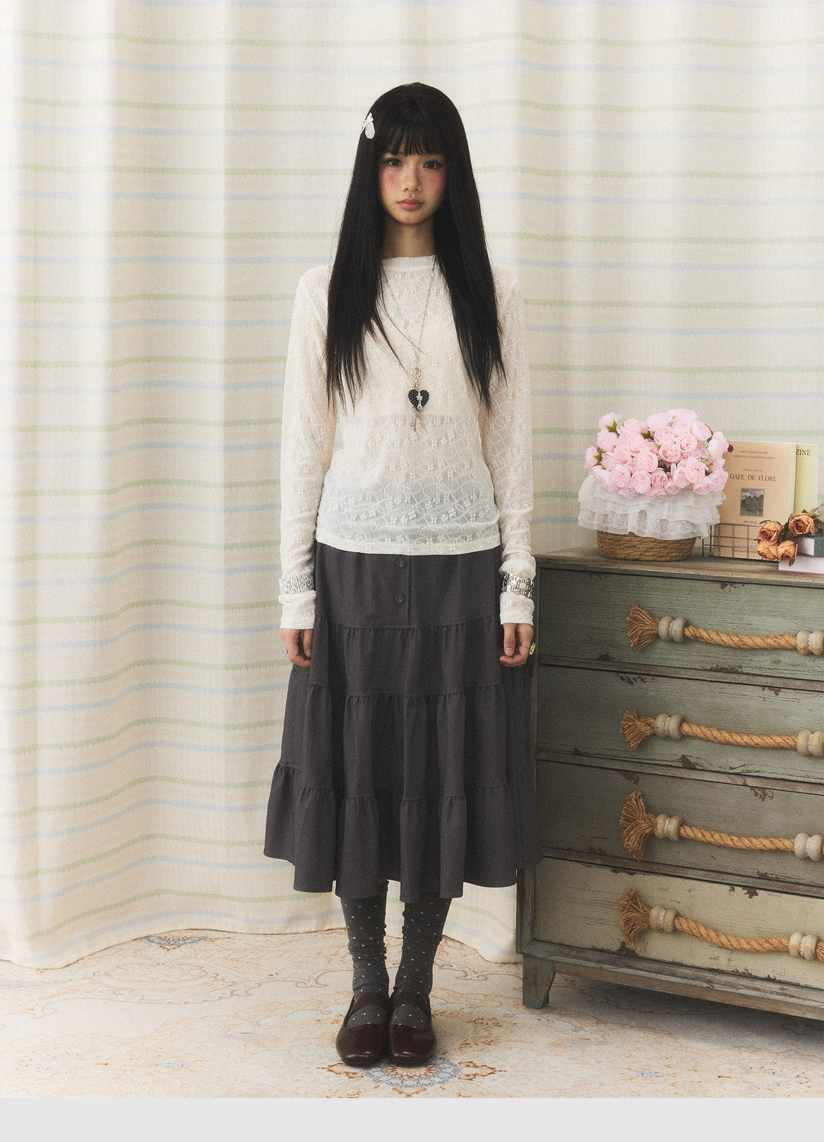 Floral Lace Long Sleeve & Jacquard Knit Short Sleeve Top