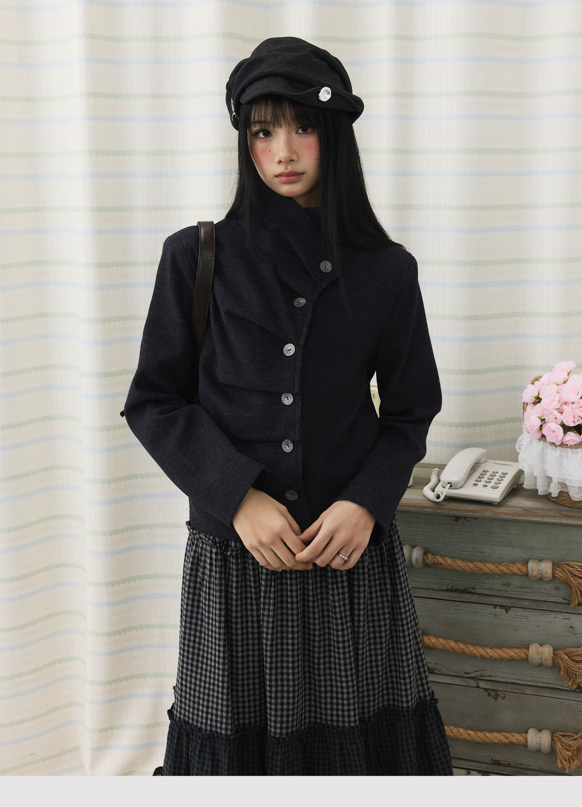 Asymmetric Pleated Collar Cropped Button Jacket