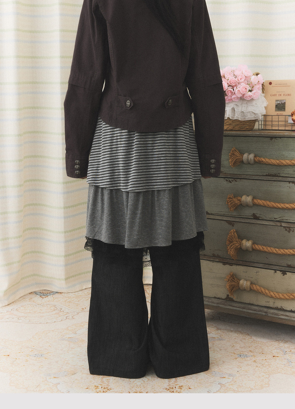 Striped Layered Skirt Wide-Leg Pants