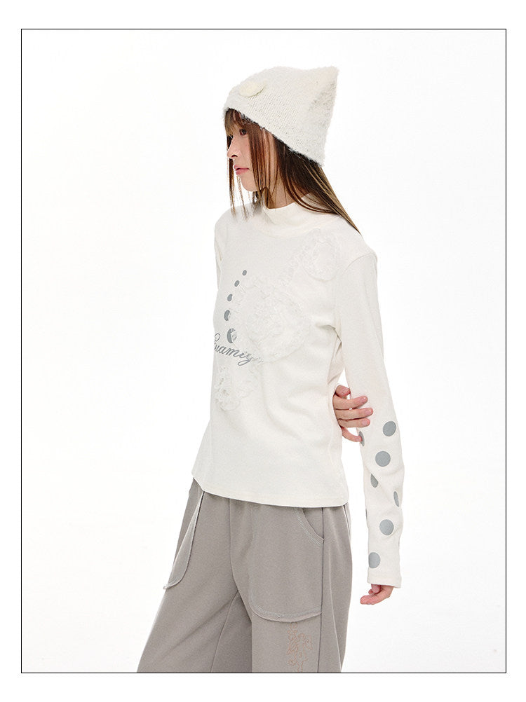 Lace Music Note Appliqué Mock Neck Long Sleeve Top