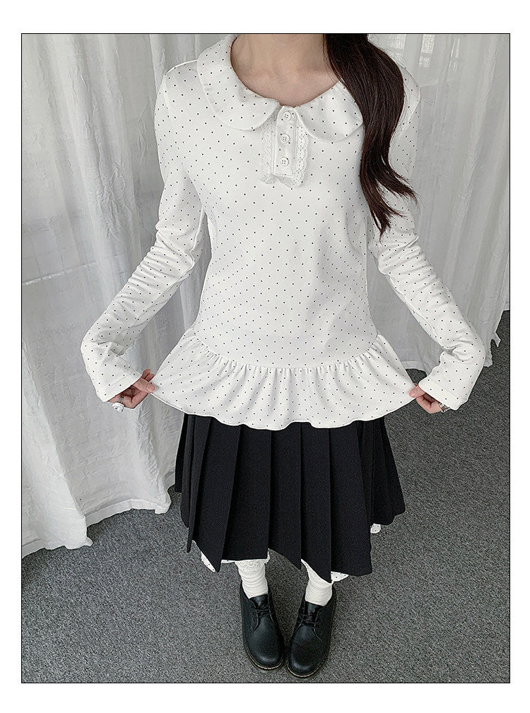 Black Bow Knit Sweater & Polka Dot Peter Pan Collar Two-Piece Set
