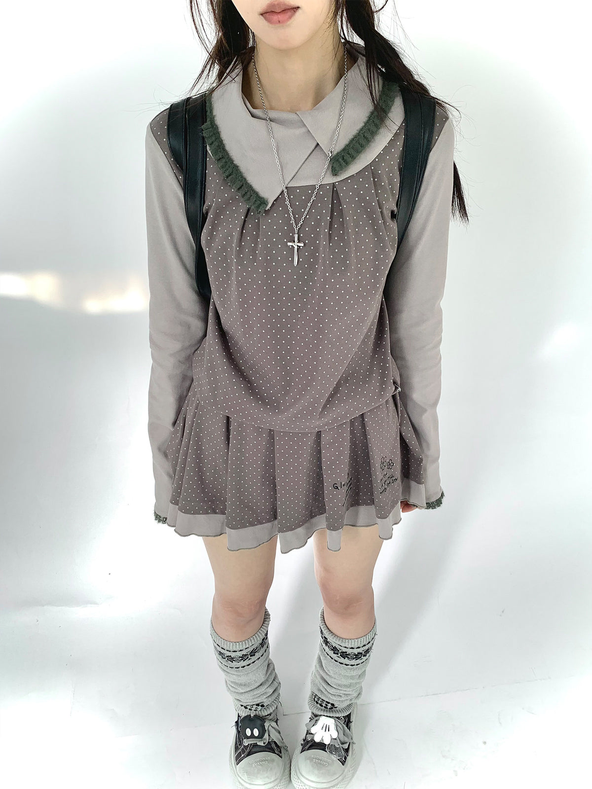 Gray Khaki Polka Dot Faux-Layer Pleated Mini Dress