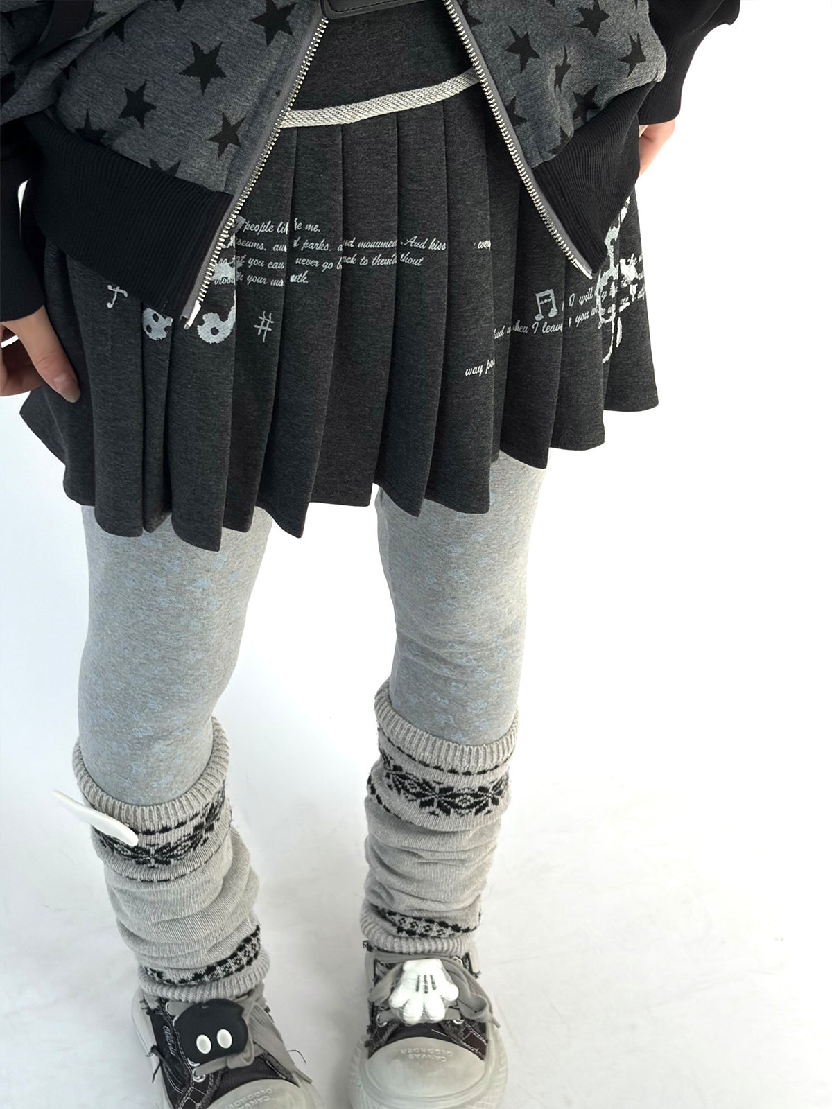 Music Note Rolled-Waist Pleated Mini Skirt