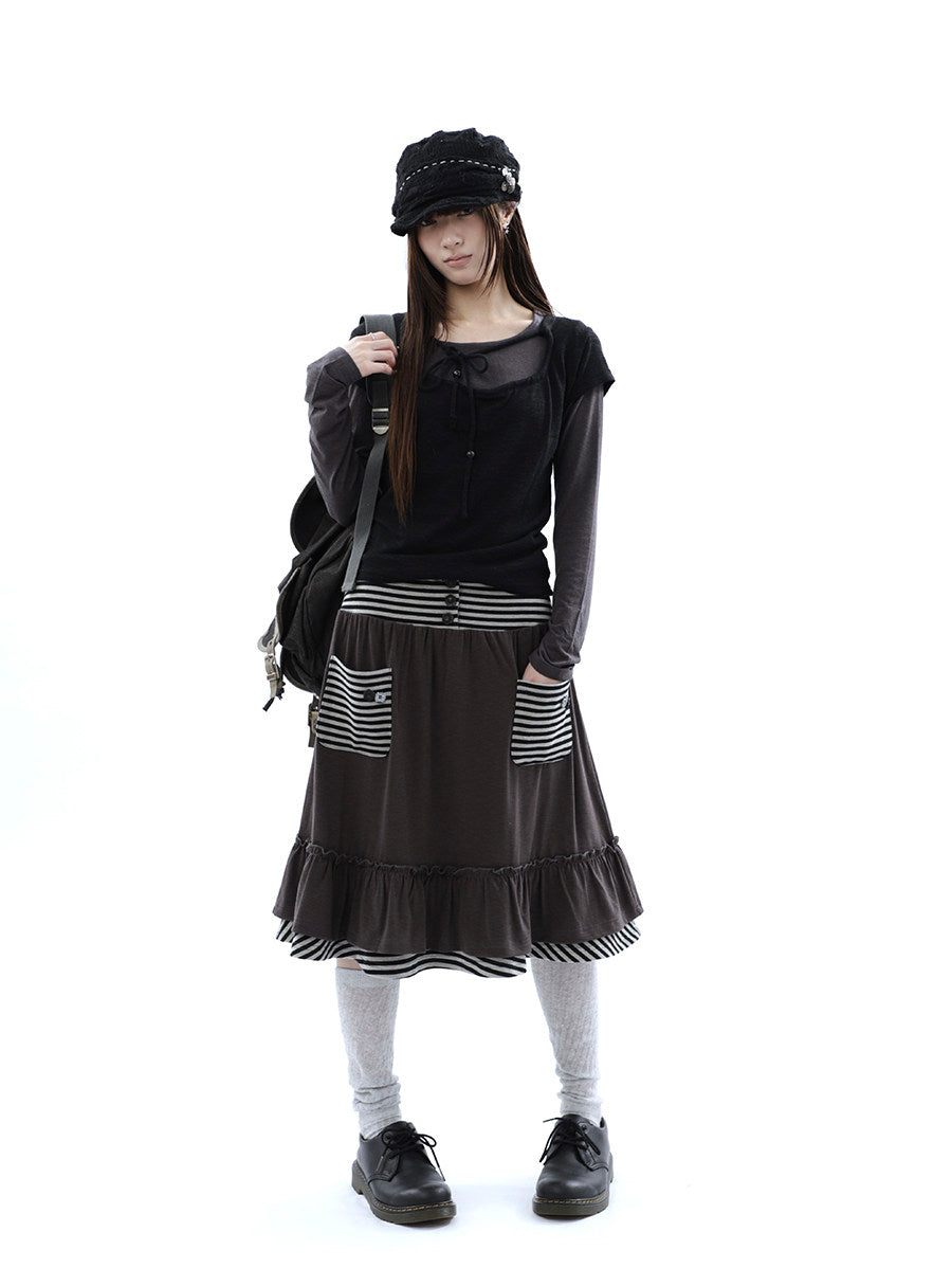Striped Pocket Ruffle Layered Midi Skirt