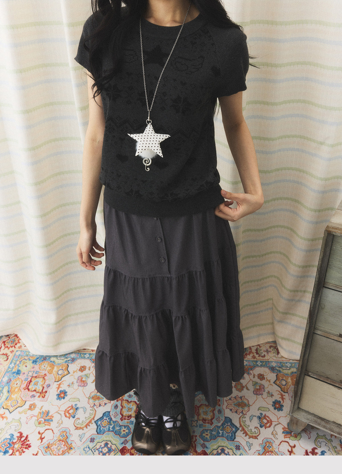 Charcoal Tiered Button Midi Skirt
