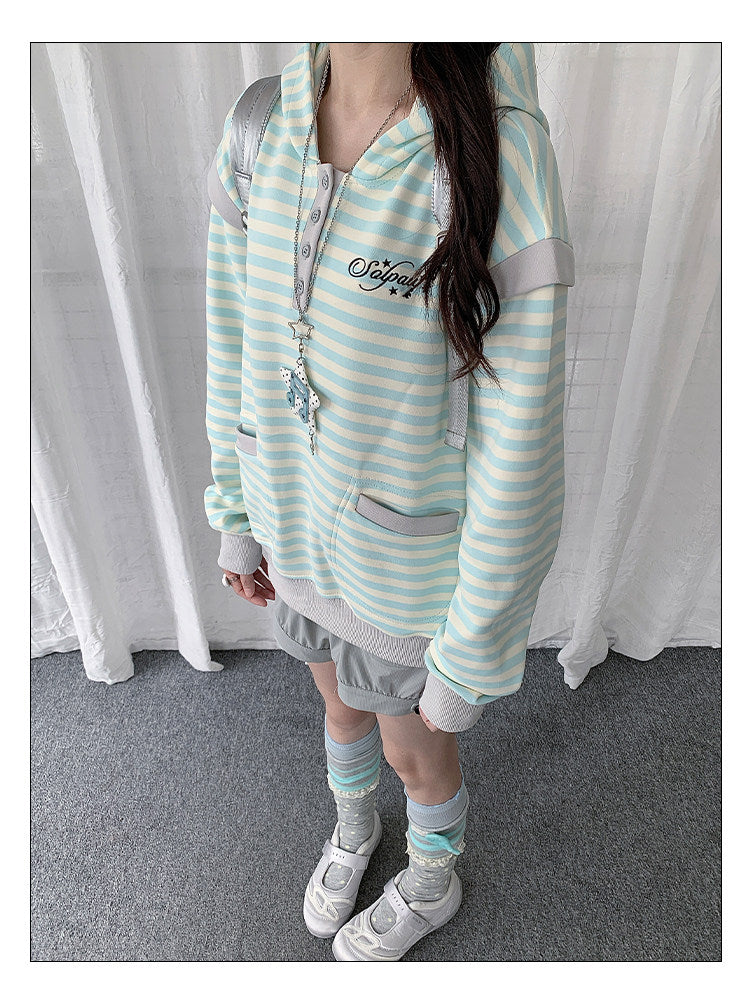 Striped Half-Placket Hooded Pullover