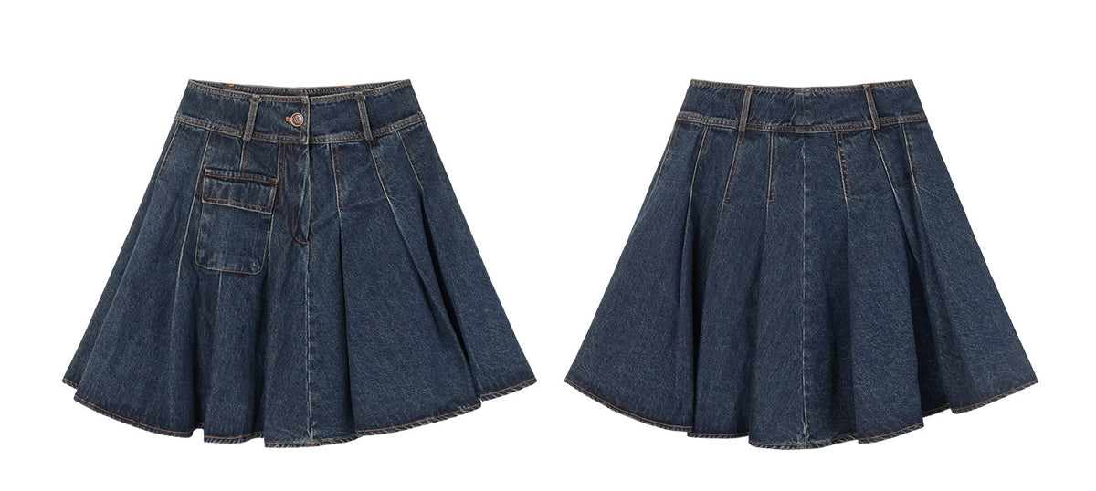 Washed Denim Utility Pleated Skirt