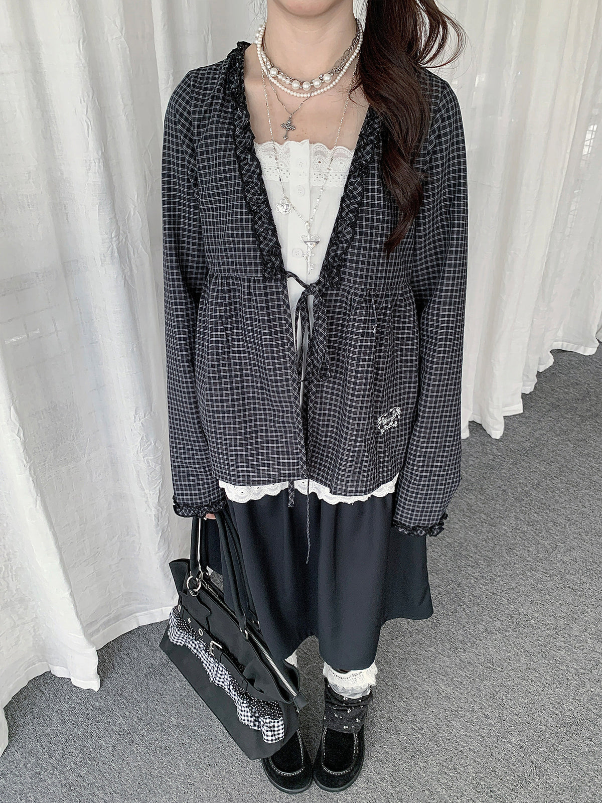 Ruffle-Trim Check Layered Tie-Front Top