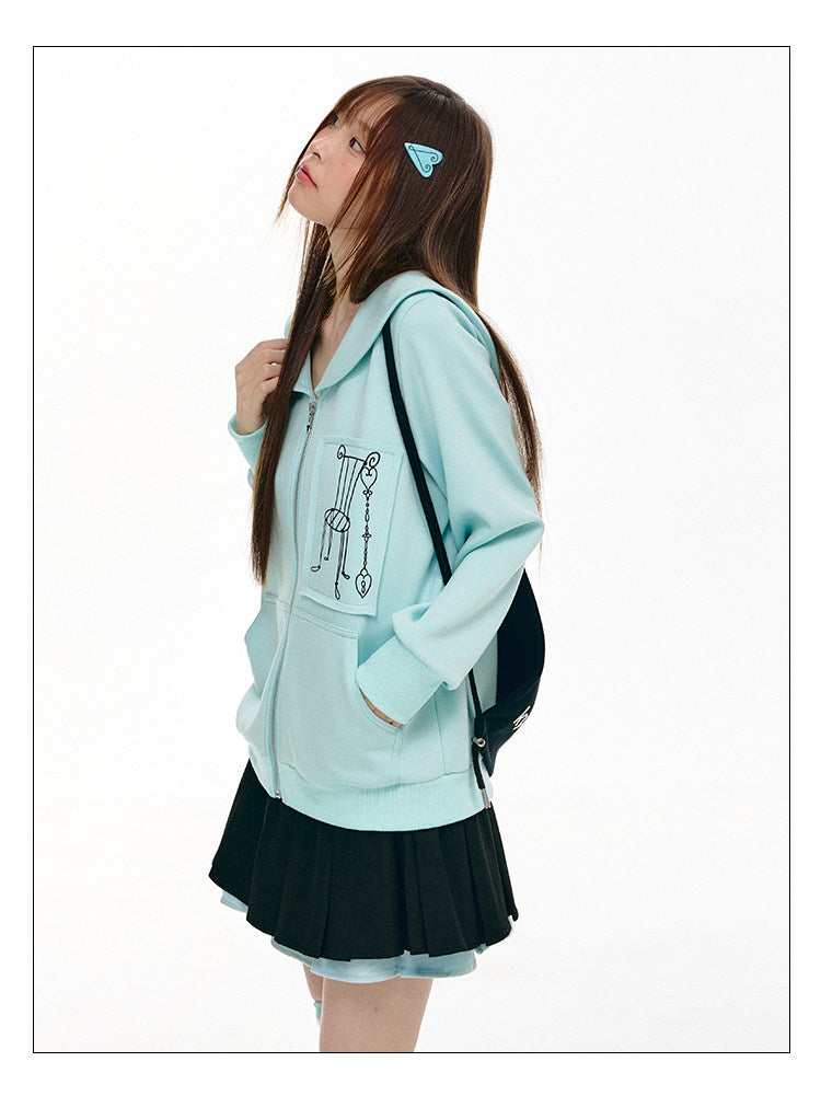 Mint Sailor-Collar Graphic Zip-Up Jacket