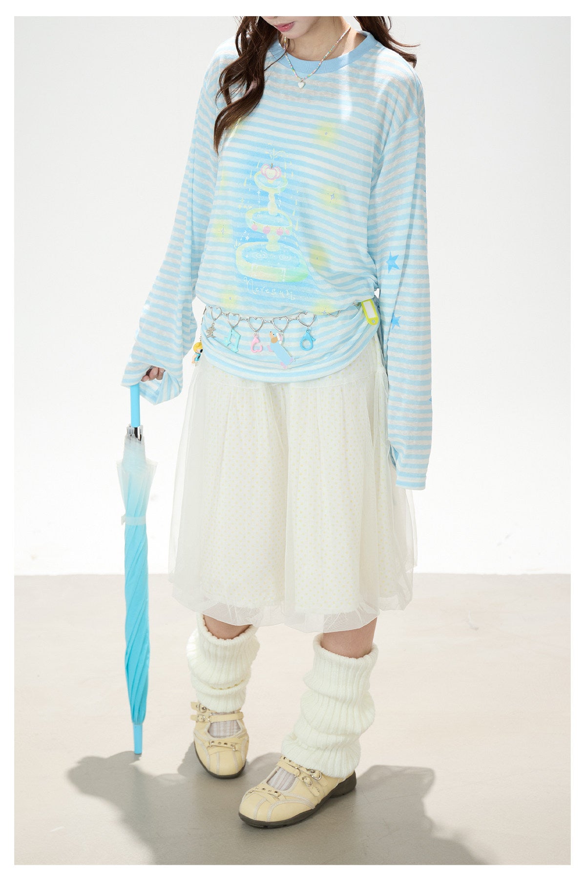 Pastel Stripe Cartoon Drawstring Long Sleeve Top & Khaki Wide-Leg Pants