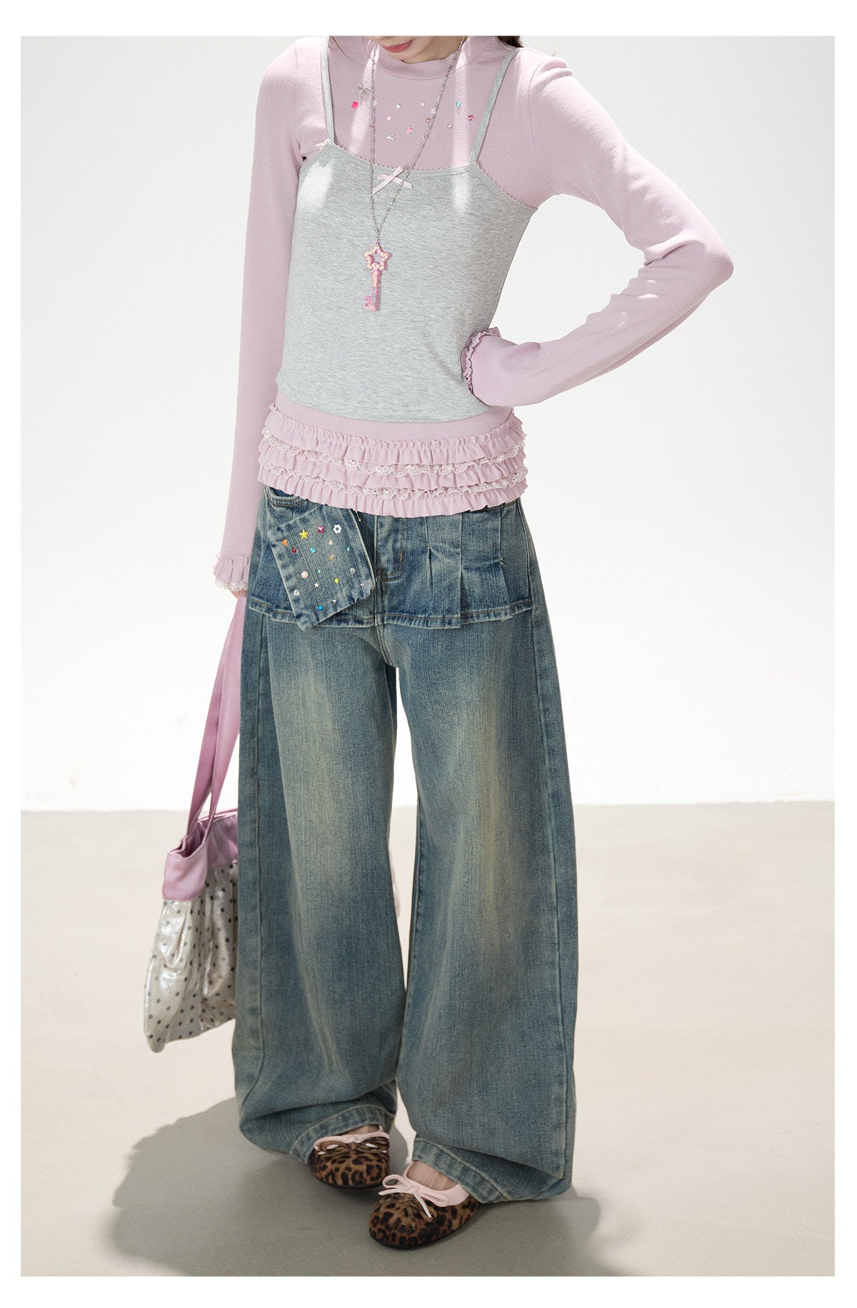 Gray Pink Layered Lace Ruffle Long Sleeve Top