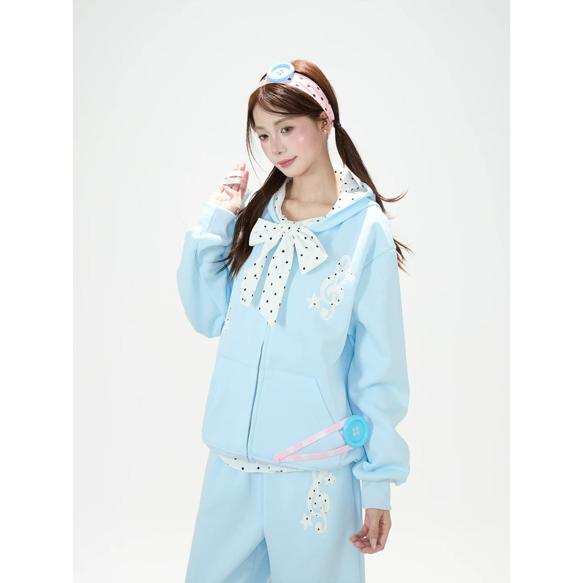 Music Note Polka-Dot Bow Zip-Up Hoodie & Gray Wide-Leg Pants
